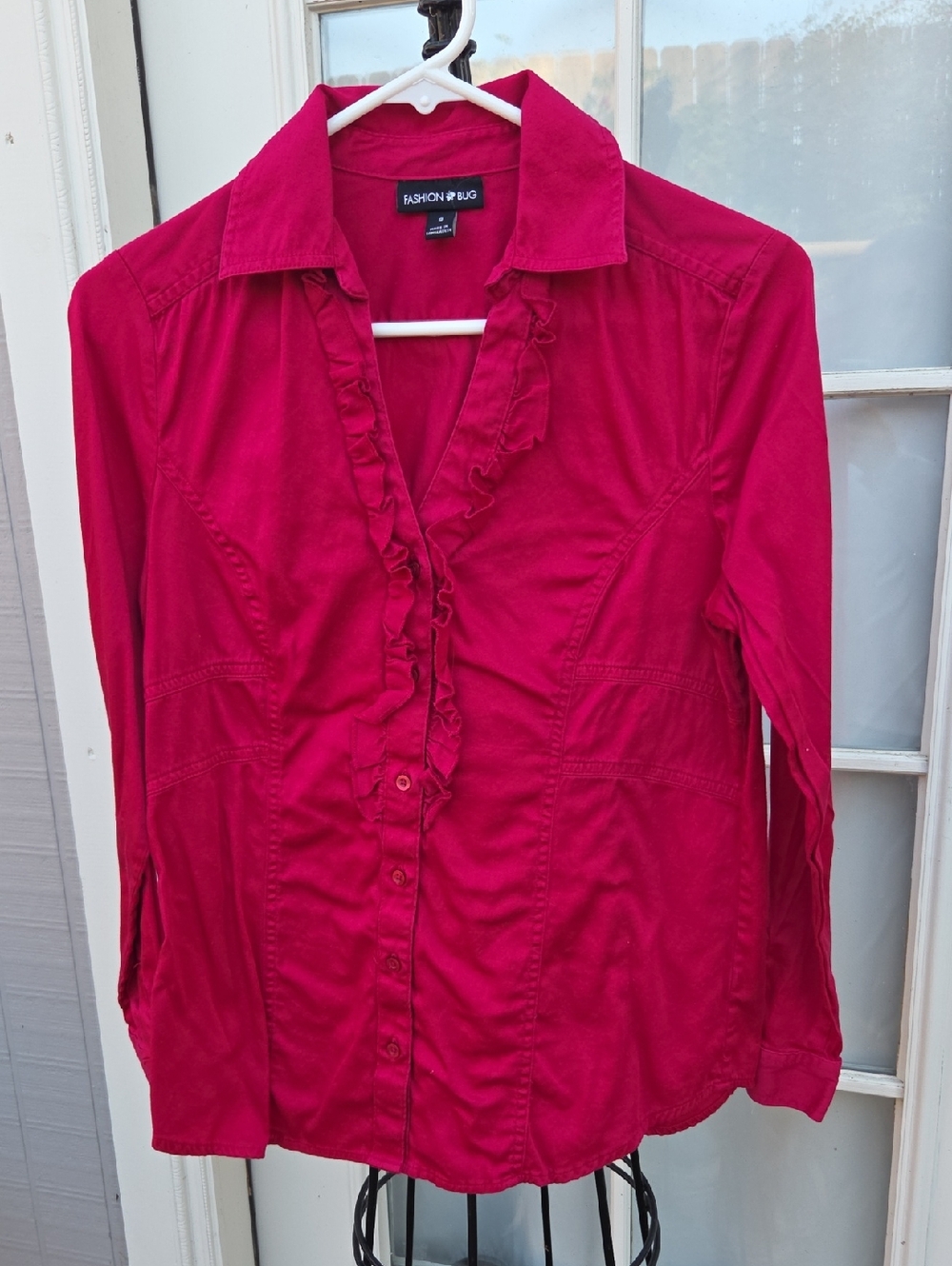 Fashion Bug Fuchsia Ruffle-Front Button Down Shirt, Size S, 100% Cotton